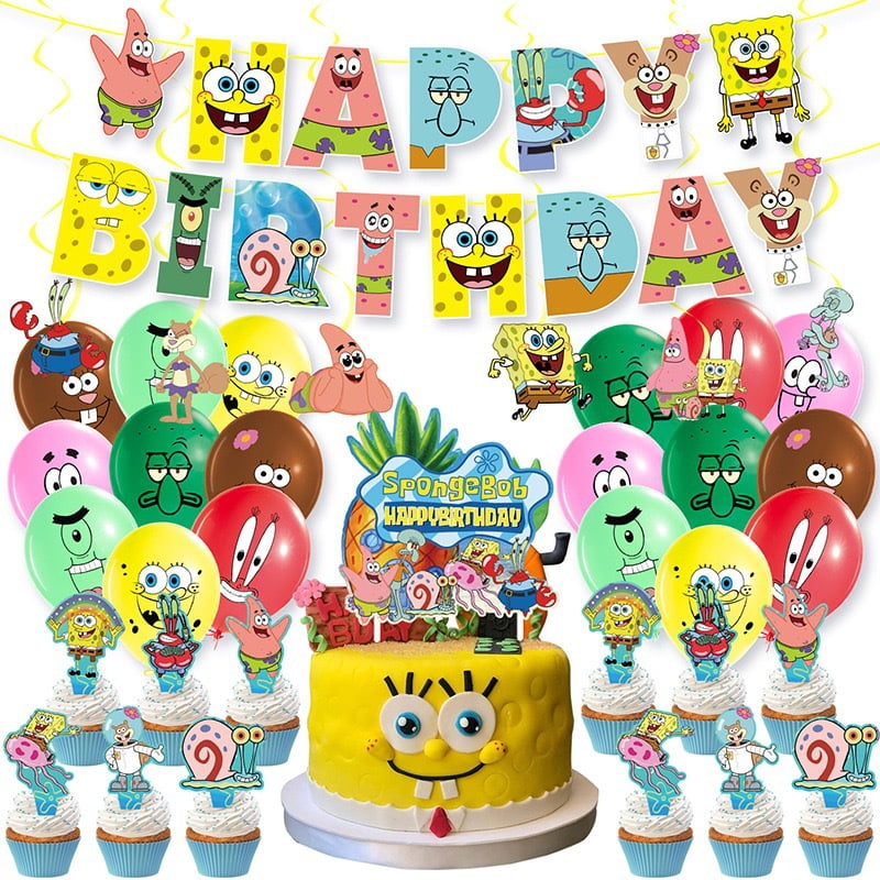 BUTOMKY Spongebob Birthday Party Decorations 47pcs Cute Spongebob Themed Happy Birthday Party Supplies Include 1pc Spongebob Banner 18pcs Balloons 12pcs Cake Toppers and 1pc Cupcake Toppers