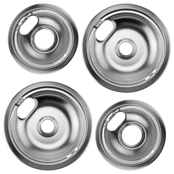 BUTOMKY W10196406 and W10196405 Chrome Stove Burner Drip Pan Set for Whirlpool Amana Maytag Magic-Chef Kenmore Electric Range with Locking Slot, Includes 2 6-Inch and 2 8-Inch Drip Bowls