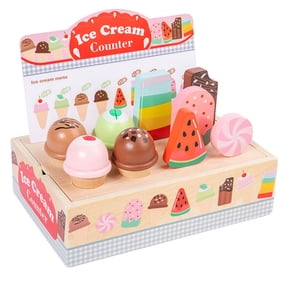 BUTOMKY Wooden Ice Cream Counter Playset, Pretend Play Store Simulation Toy, Play Kitchen Accessories Role Playing House Educational Gift for Toddlers Kids Ages 3+