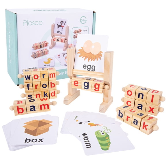 BUTOMKY Wooden Reading Blocks Spelling Game, Rotating Short Vowel Letter Puzzle with Flash Cards, Montessori Spinning Alphabet Sight Words Learning Toy, Educational STEM Toy for Kids Ages 3-5