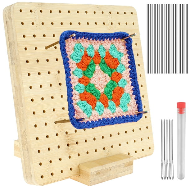 BUTORY Blocking Board Kit with 10 Steel Rod Pin 7.7in Crochet Blocking Board  with 5 Needles Reusable Granny Square Board with Holes Wooden Blocking Board  with Base for Beginner Knitting Lover DIY 