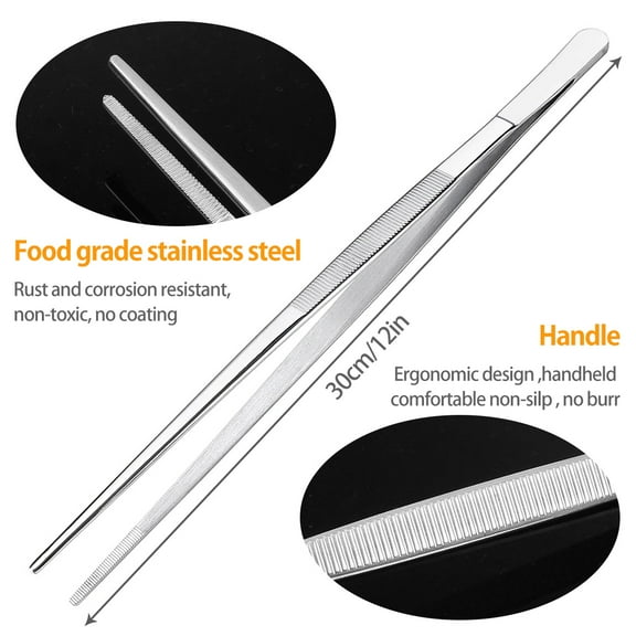 BUTORY Cooking Tweezers 10/12 Inch Stainless Steel Straight Tweezer Ergonomic Non-Slip Tweezers Kitchen Gadget for BBQ