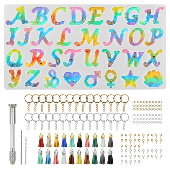 BUTORY DIY Keychain Making Set Reusable Easy Demould Alphabet Silicone Molds Keychain Supplies for Beginners Adults Kids