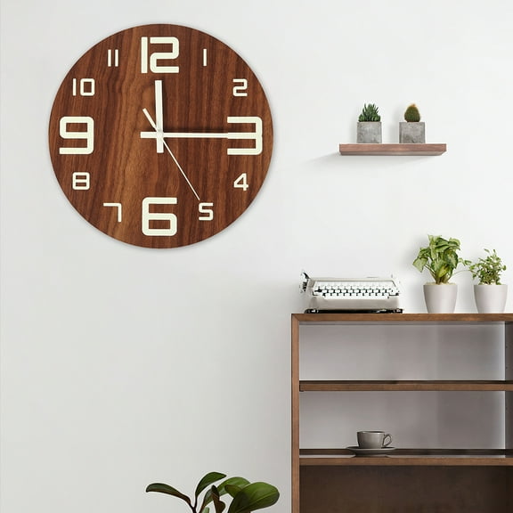 BUTORY Wooden Fluorescent Clock Modern Night Light Wall Clockdecorative Wall Clock for Kitchen Office Bedroom,luminous Function Numbers and Hands(does Not Include Battery)