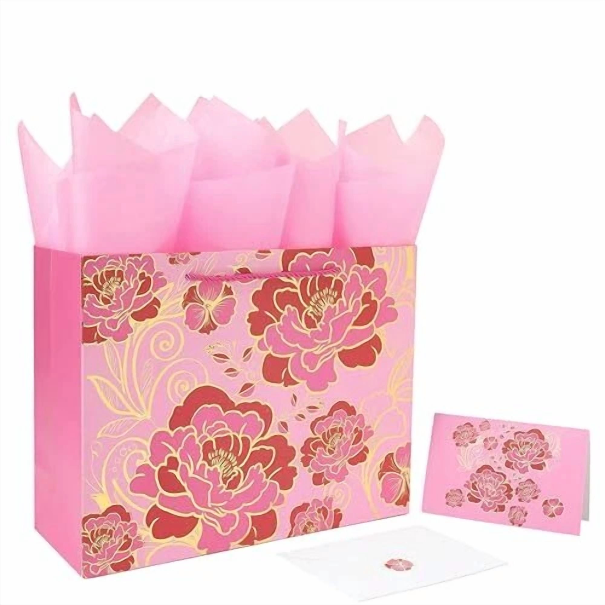 BUTTERFLY- 13" Large Gift Bag Set With Greeting Card And Tissue Paper(Foil Rose Pink