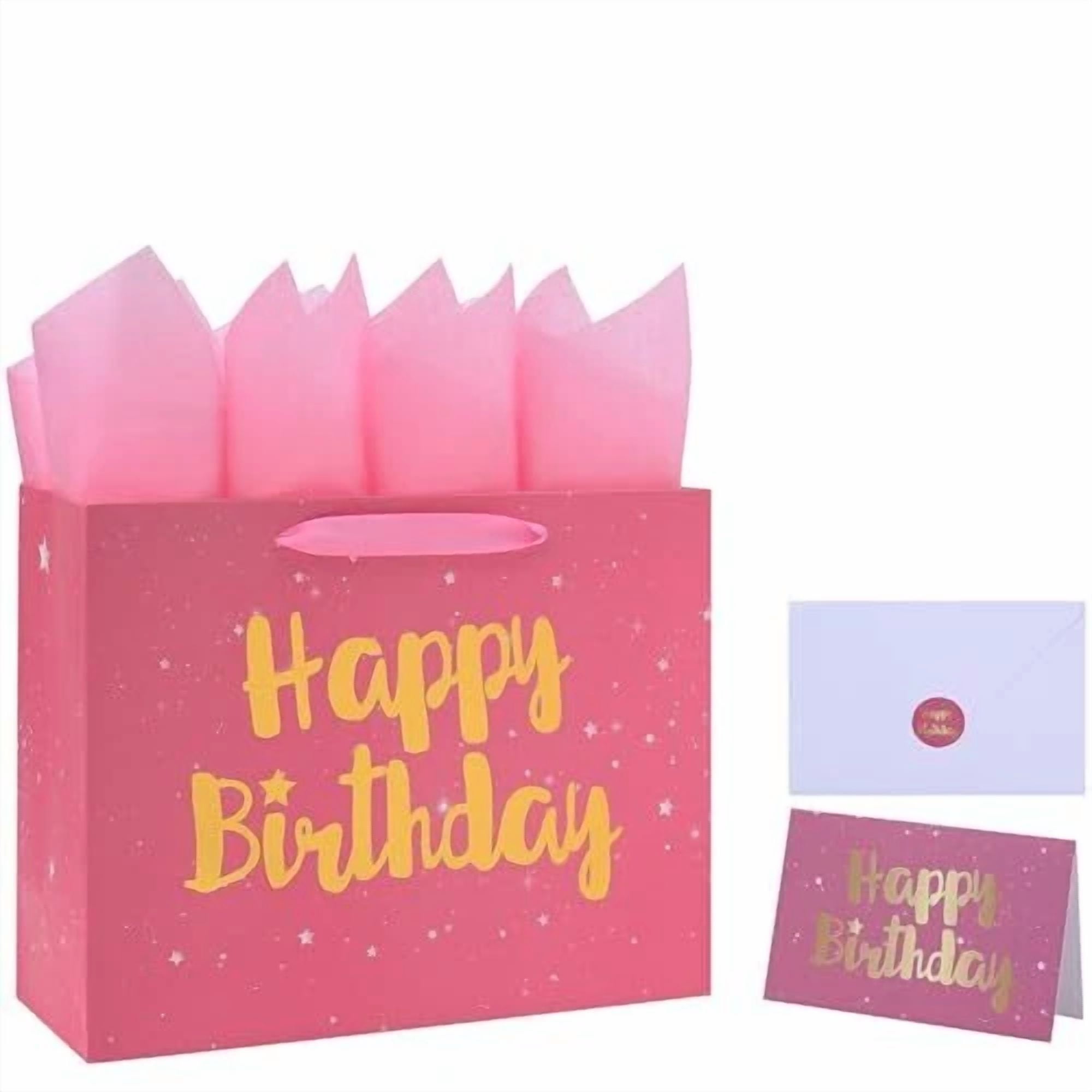 BUTTERFLY- 13" Large Gift Bag Set With Greeting Card And Tissue Papers (Stars And Pink