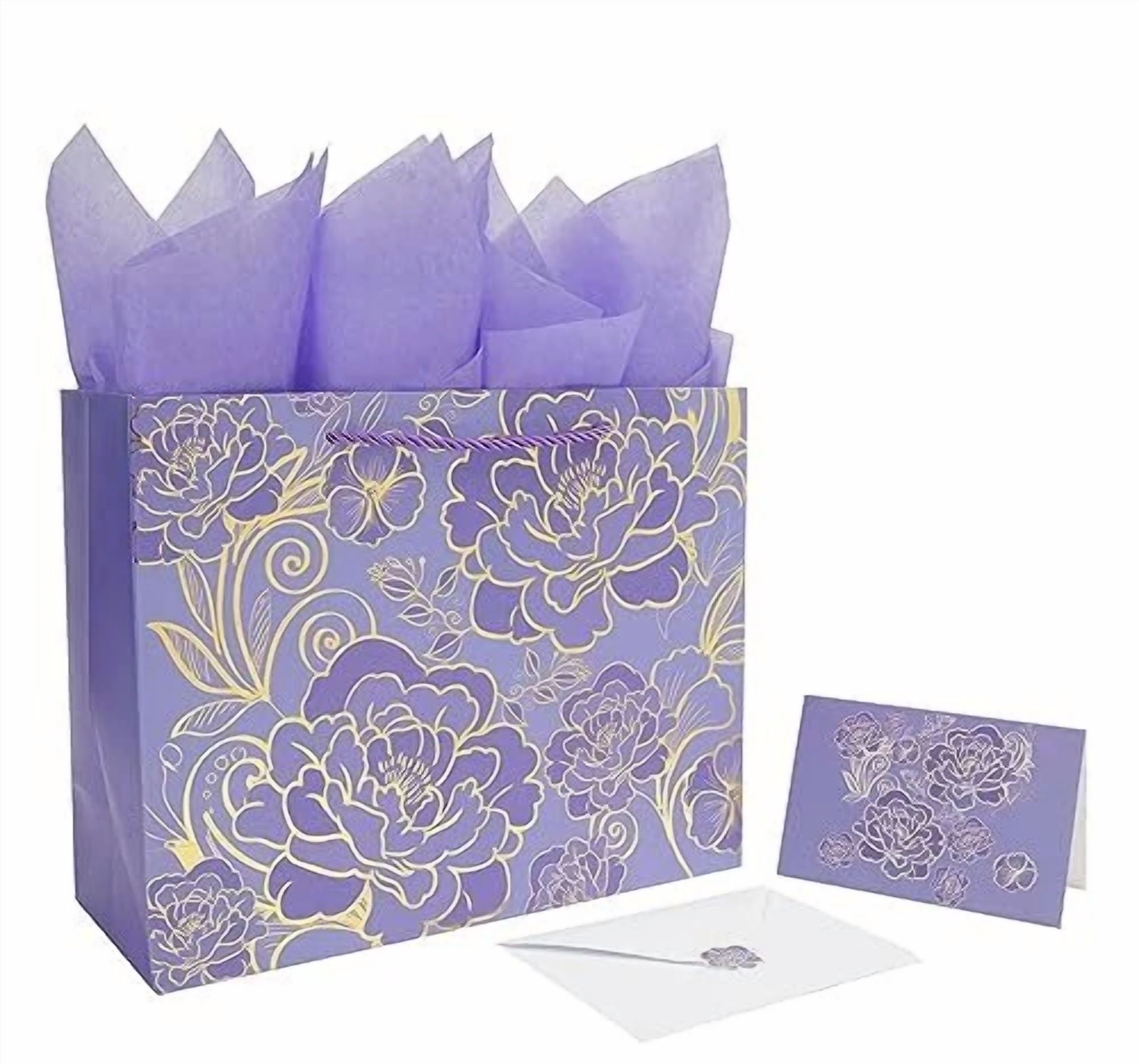 BUTTERFLY- 13" Large Rose Purple Gift Bag Set With Greeting Card And Tissue Paper For