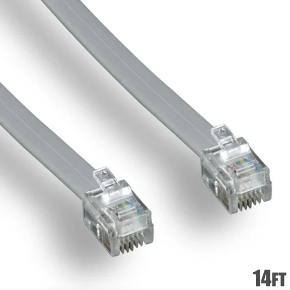 BUTTERFLY- 14Ft Rj11 6P4C Straight 4 Conductor Flat Silver Phone Line Cable Cord For Data