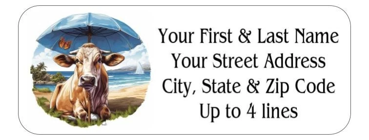 BUTTERFLY- 150 Cow On Beach Umbrella Return Address Labels Personalized Printed 1 X 2 5/8