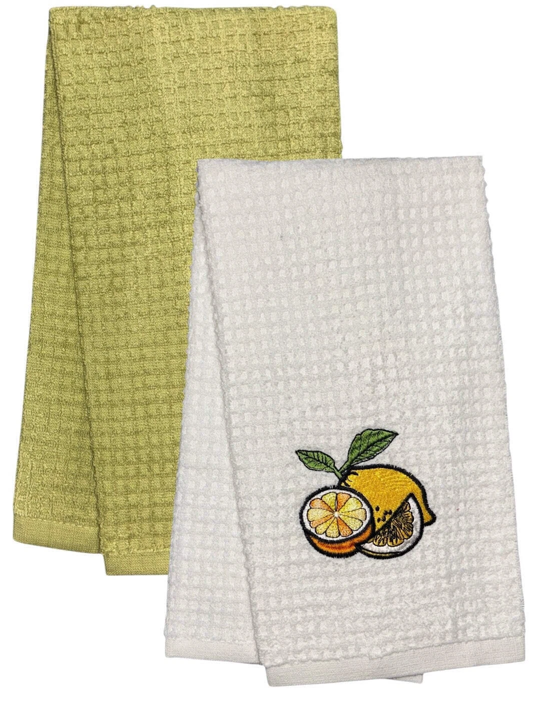BUTTERFLY- 2 Pcs, 100% Cotton Terry Kitchen Towel - White Towel Lemon Embroidery & Plain Te