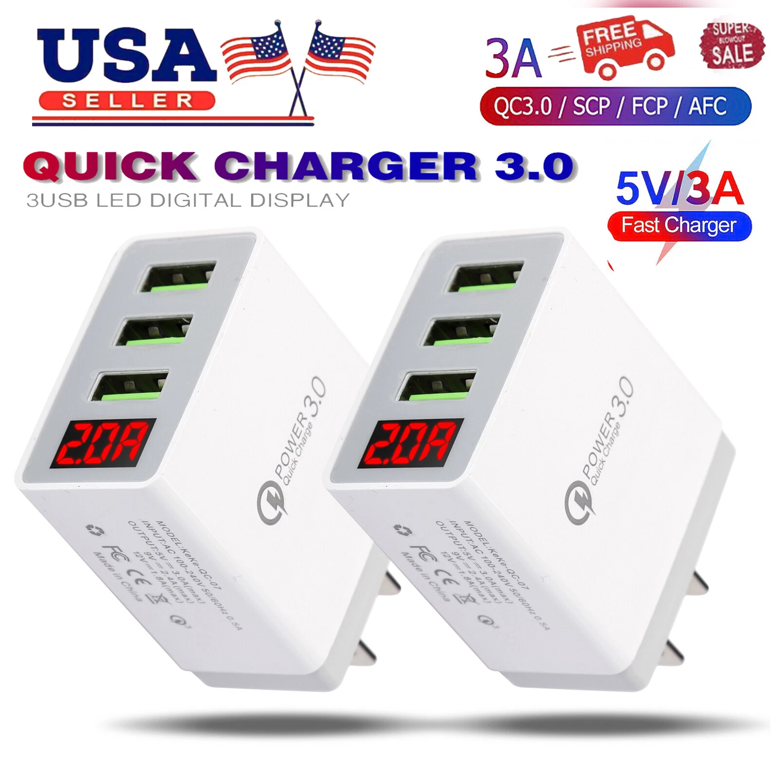 BUTTERFLY- 2 Pcs 3 Port Fast Quick Qc 3.0 Usb Hub Wall Charger Power Charge Adapter Us Plug