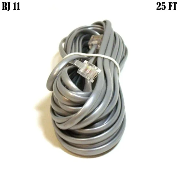 BUTTERFLY- 25Ft Rj11 Phone Line Cable For Voice Reverse 6P4C 4-Conductor Flat Cord Silver
