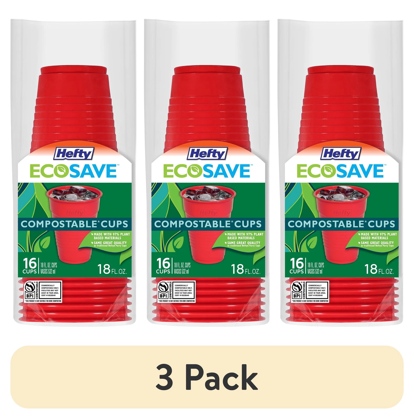 BUTTERFLY- (3 Pack) Compostable Cups, Red, 18 Oz, 16 Count