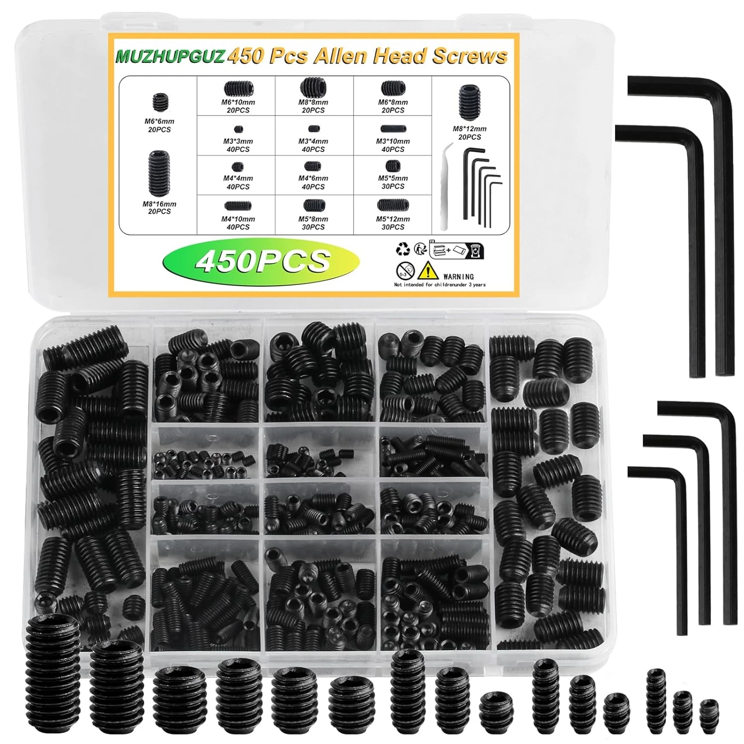 BUTTERFLY- 450Pcs Set Screws, Set Screws Assortment Kit, Grub Screws M3 M4 M5 M6 M8 For Hom