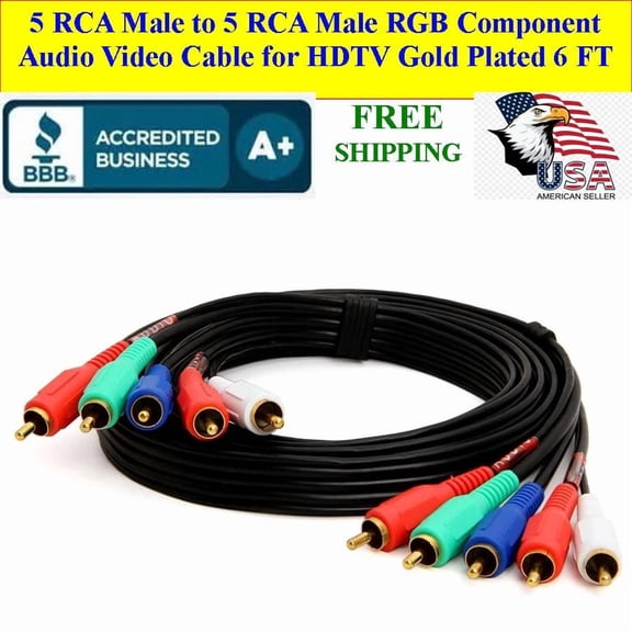 BUTTERFLY- 5 Rca Connectors Male To Male Rgb Component Audio Video Cable Gold Plated 6 Ft