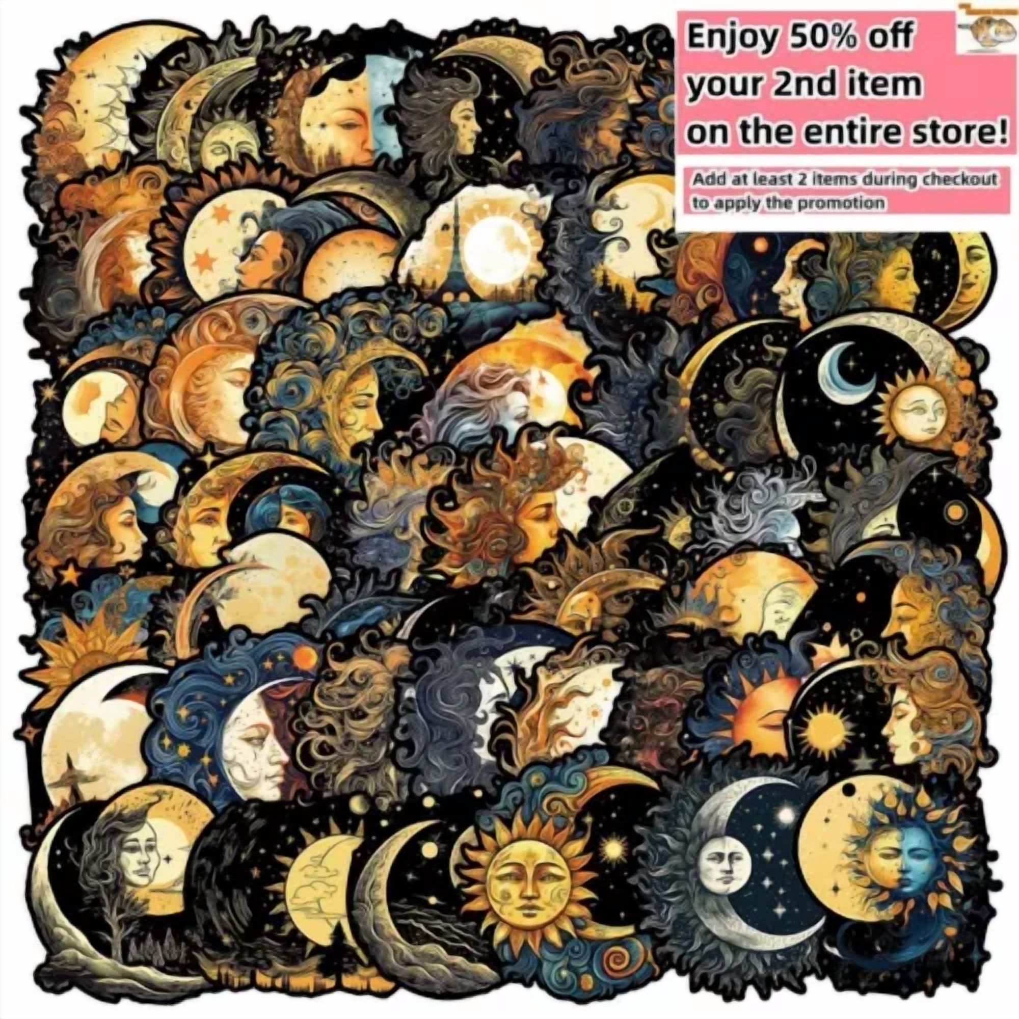 BUTTERFLY- 50Pcs Waterproof Vinyl Stickers Nordic Sun & Moon Goddesses Luggage Phone Laptop