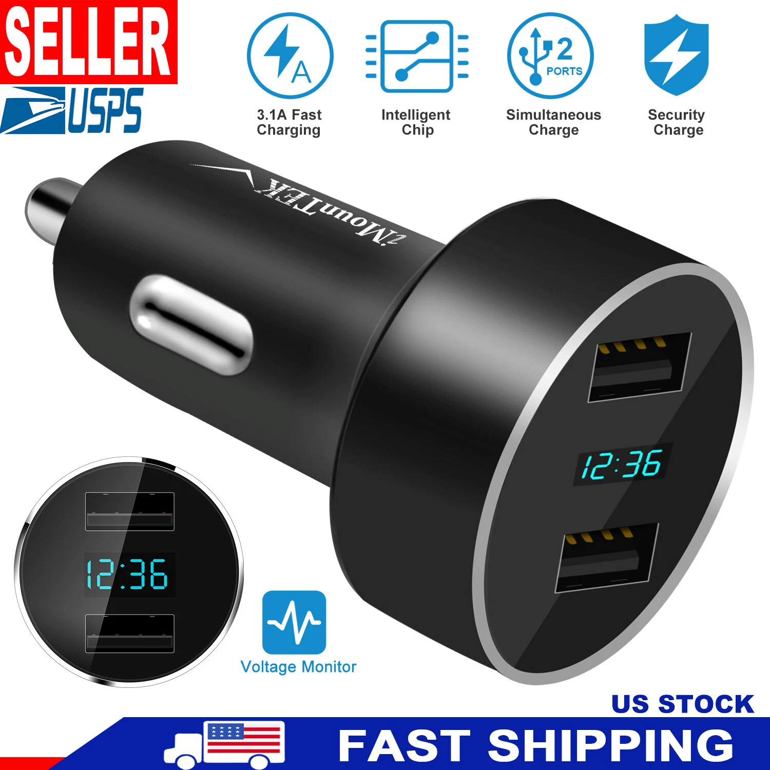 BUTTERFLY- 5V 3.1A 2 Port Usb Car Charger Dual Lcd Display Aluminum ...