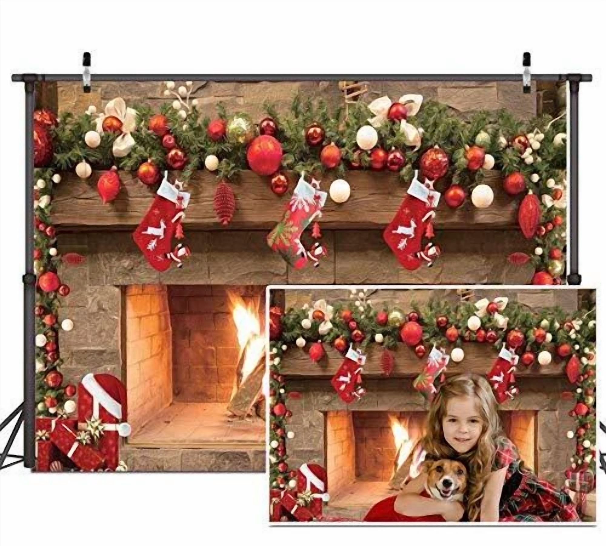 BUTTERFLY- Christmas Fireplace Backdrop Christmas Fireplace Decoration Background 7X5Ft