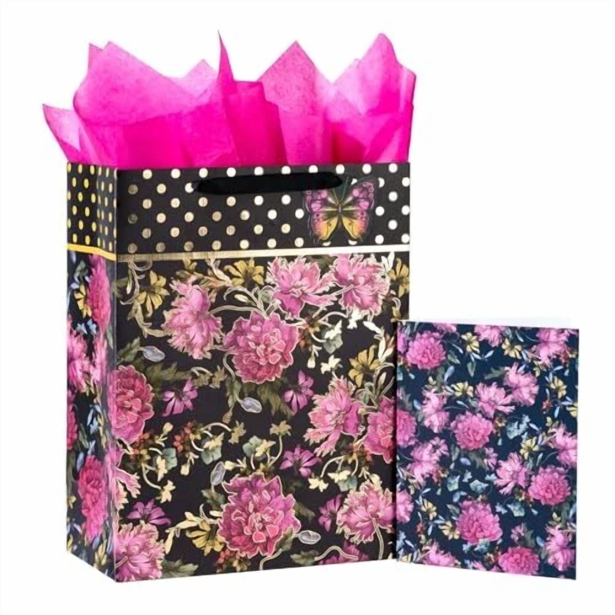 BUTTERFLY- Gift Bag And Foil Branch With Tissue Paper For Mother'S Day, Pink Flower