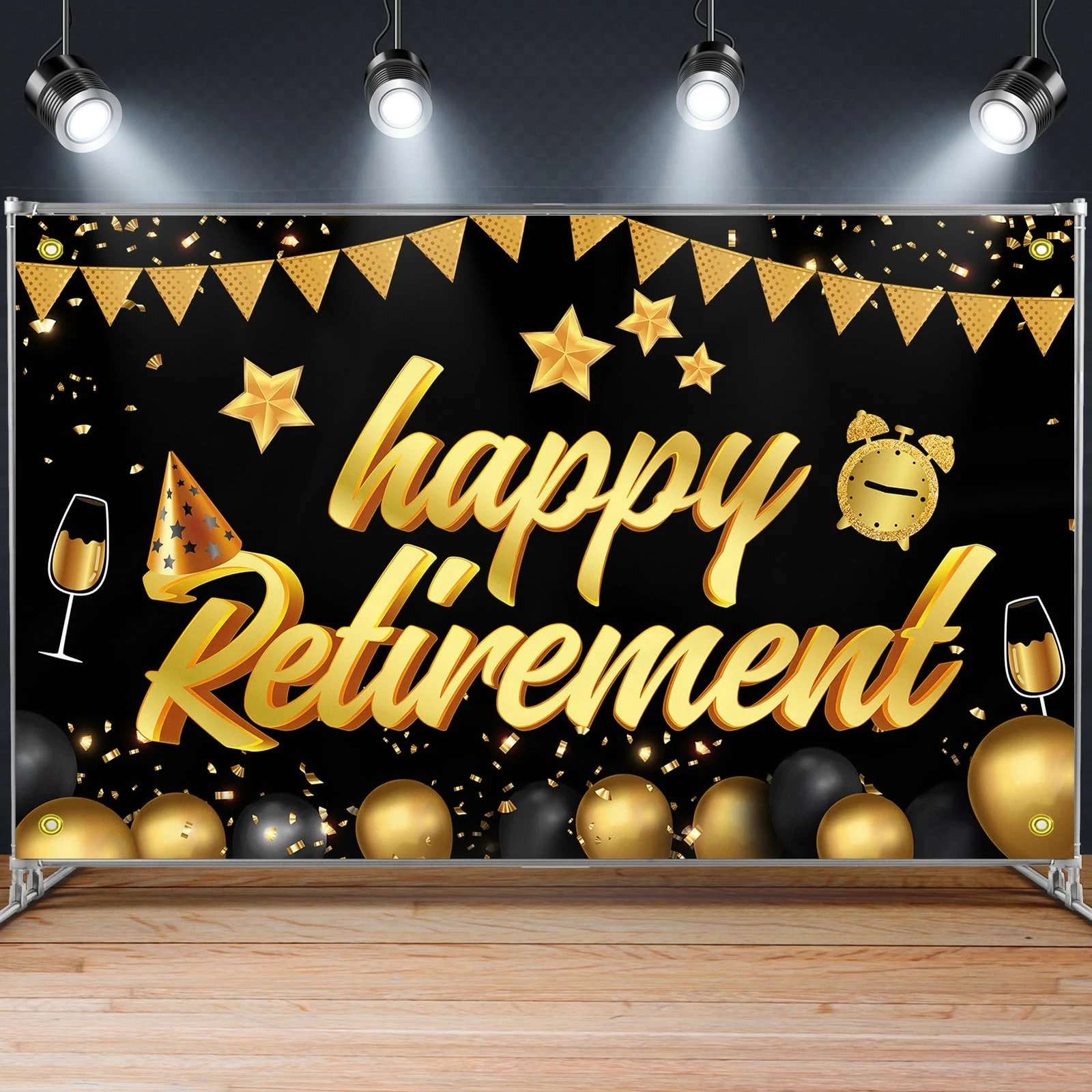 Happy Retirement Party Scene Setter Wall Mural Backdrop – 5'x3', Purple & Silver, Plastic