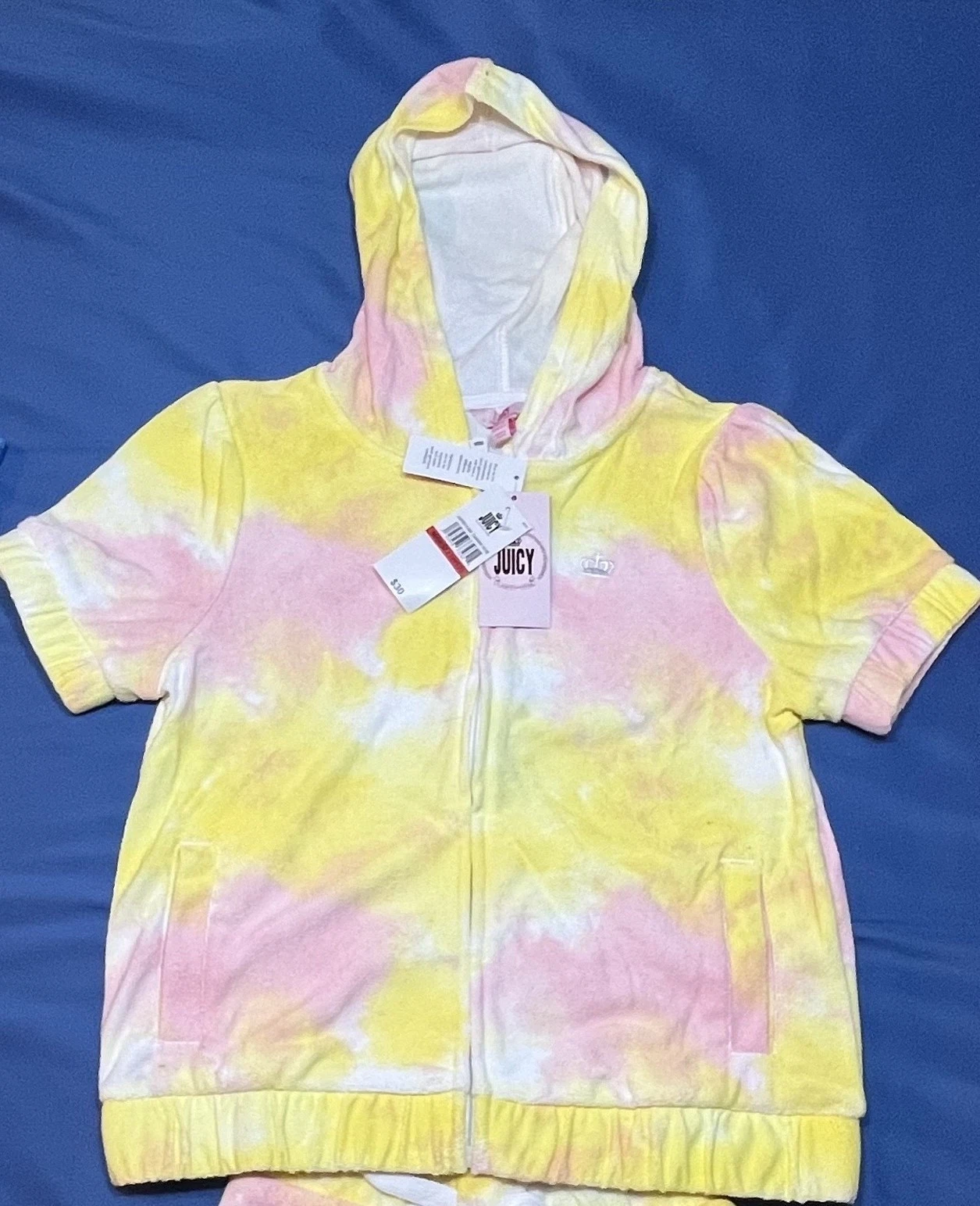 BUTTERFLY- Juicy Couture Hoodie Yellow Rose Tie-Dye Terry Cloth, Short Sleeve Zip-Up Nwt L