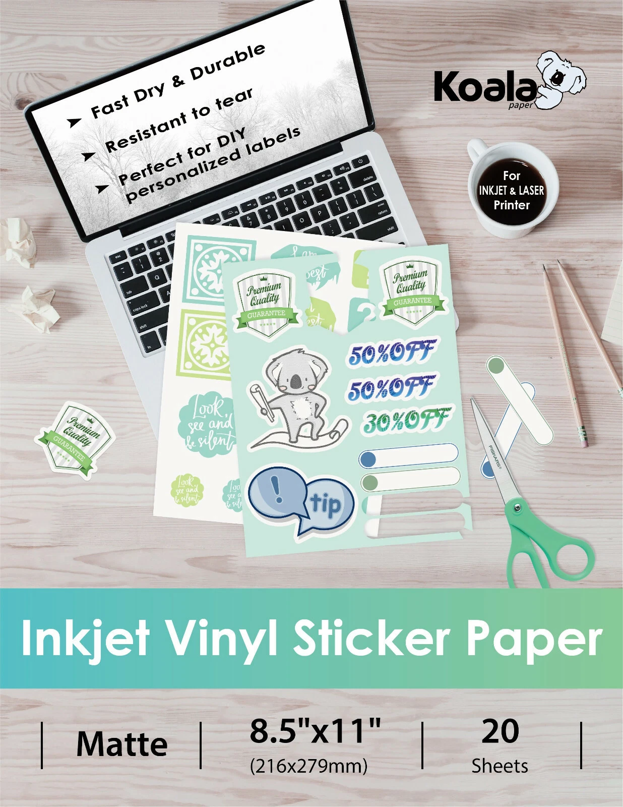 BUTTERFLY- Koala Printable Vinyl Sticker Paper Inkjet Laser Printer Waterproof Matte 8.5X11