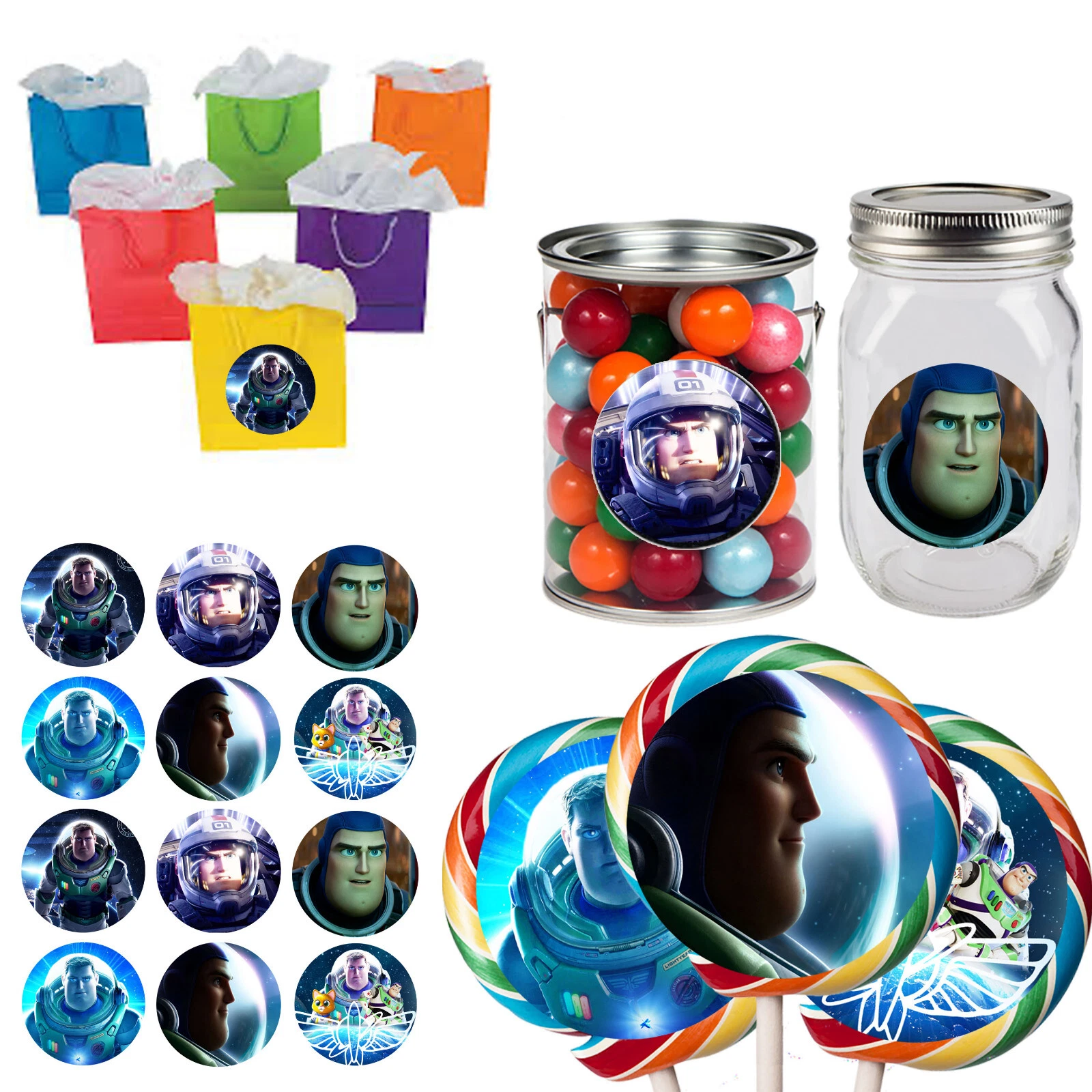 BUTTERFLY- Lightyear Stickers 2.5" Round Diy Party Favor Labels- 12 Pc, Buzz Light Year Toy