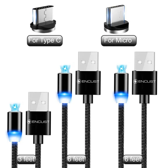 BUTTERFLY- Micro Usb And Type C Magnetic Cable 3Ft /6Ft Android Charger 3 Pack With Led