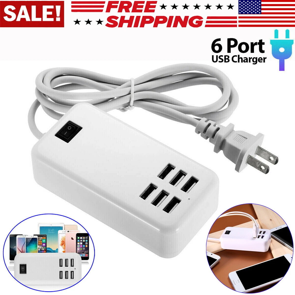 BUTTERFLY- Multi Port Usb Charger 6 Ports Adapter Travel Hub Ac Power Supply Us Plug