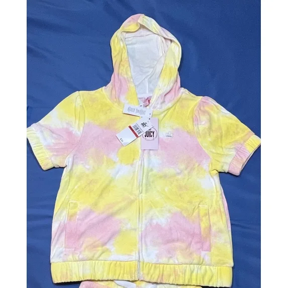 BUTTERFLY- Nwt Juicy Couture Short Sleeve Hoodie Yellow Rose Tie-Dye Terry Cloth Xs