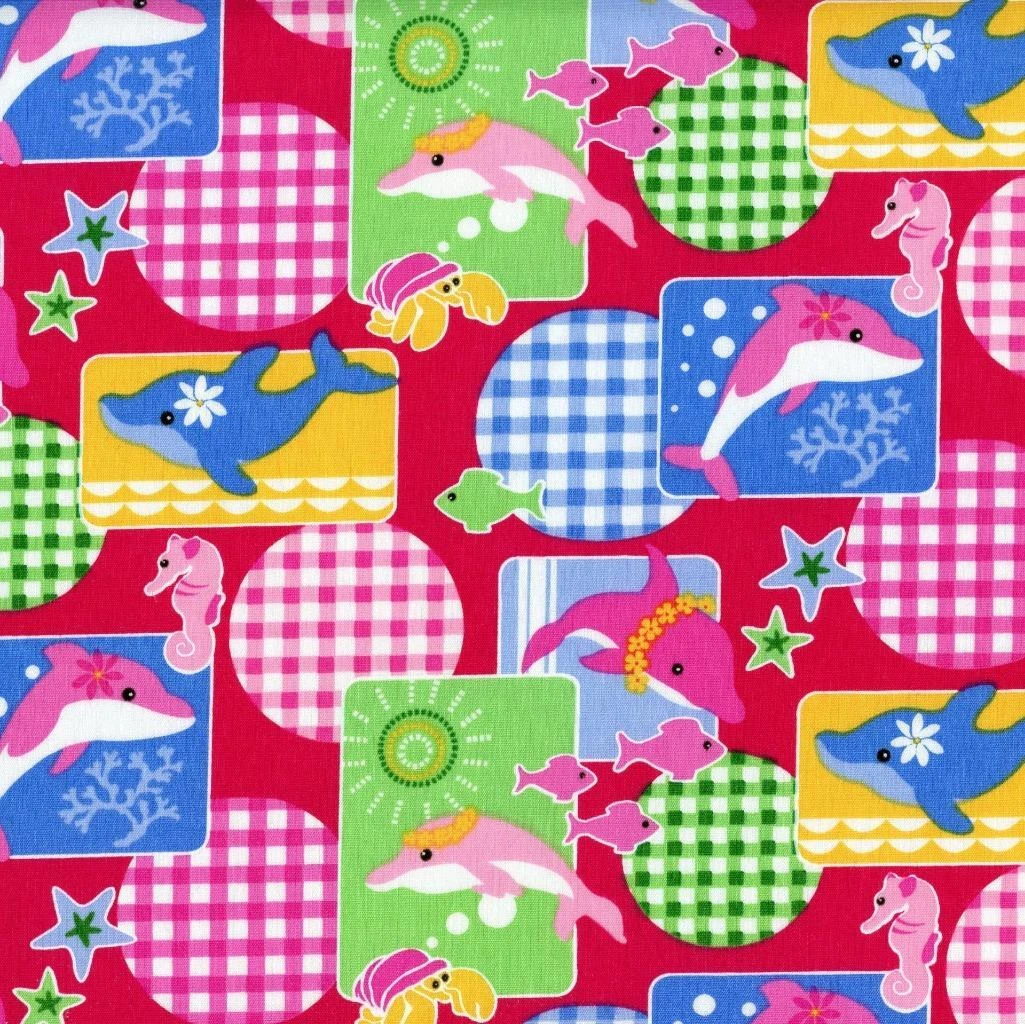 BUTTERFLY- Patchwork Sea Creatures Pink Quilt Sew Fabric Trans-Pacific