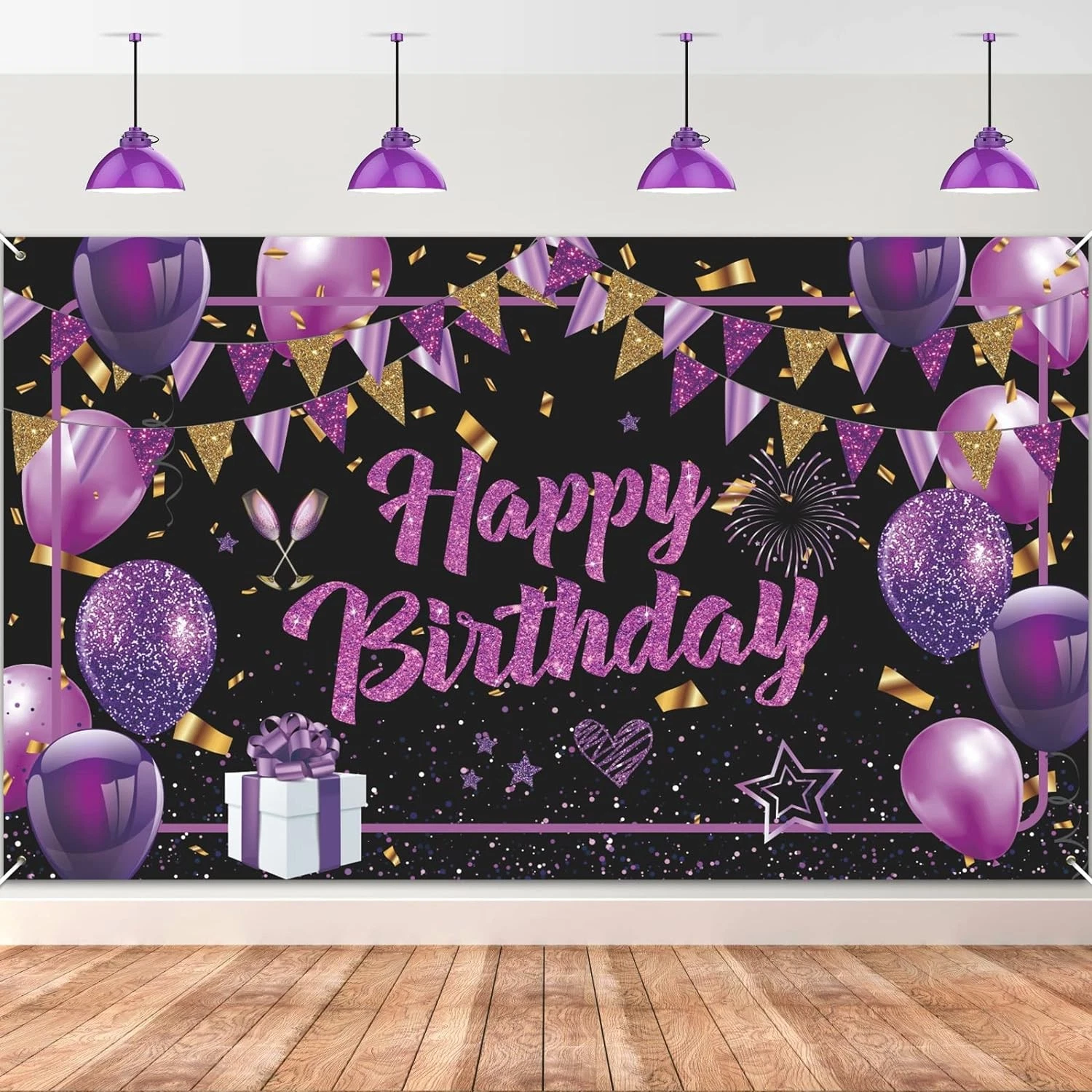 BUTTERFLY- Purple Happy Birthday Banner - Black Gold Party Decorations Large,