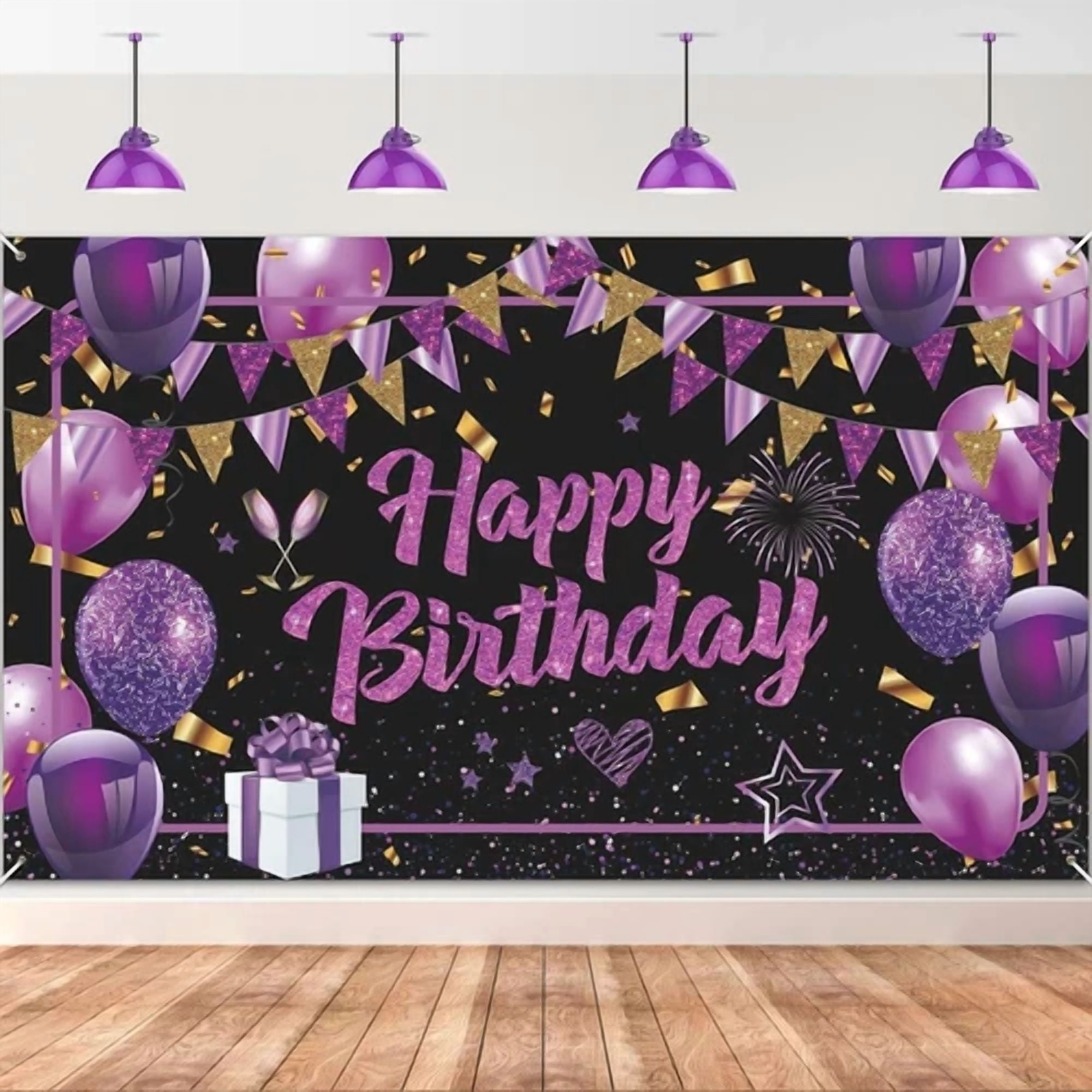 BUTTERFLY- Purple Happy Birthday Banner - Black Gold Party Decorations Large,