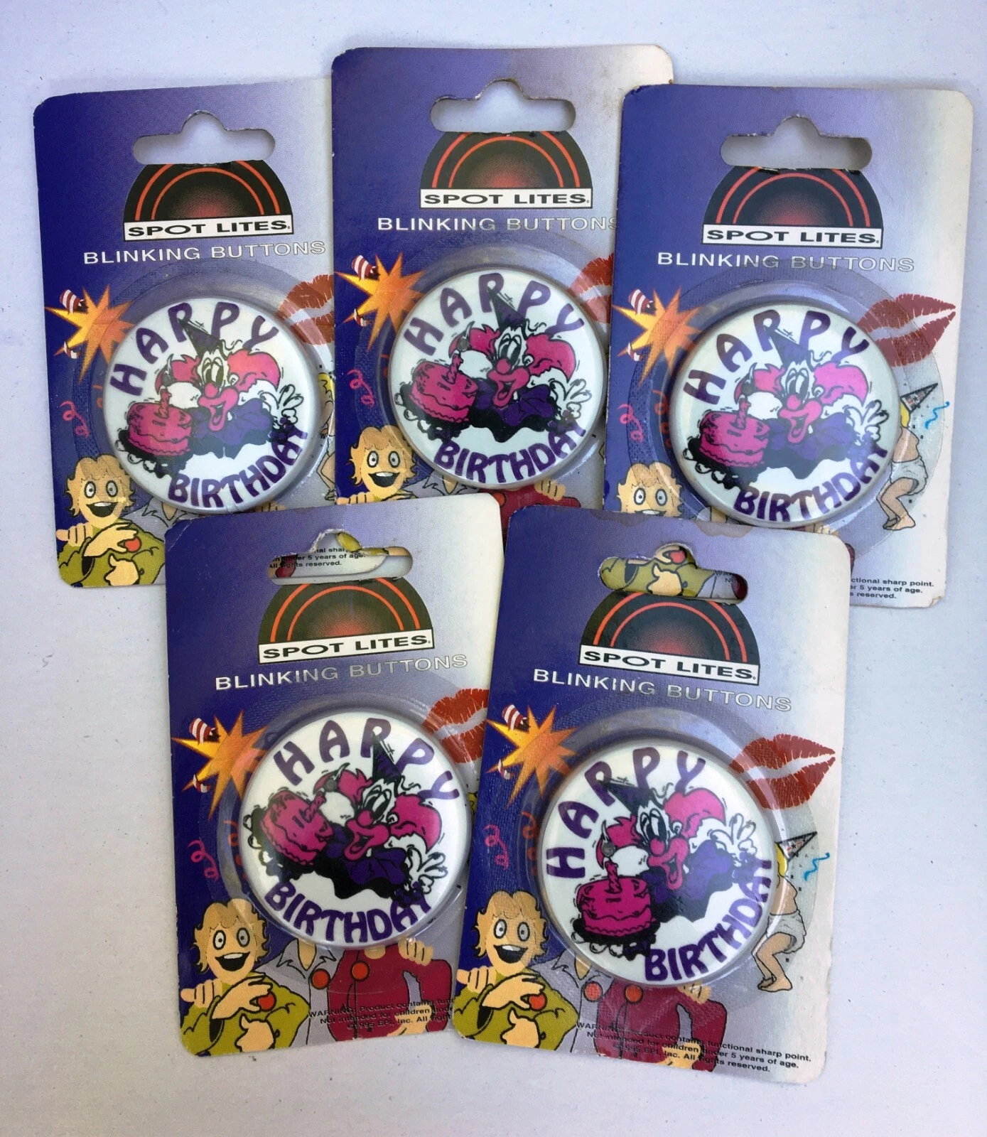 BUTTERFLY- Purple Happy Birthday Clown Blinking Buttons Badges Lot Of 5 - Party Favors New