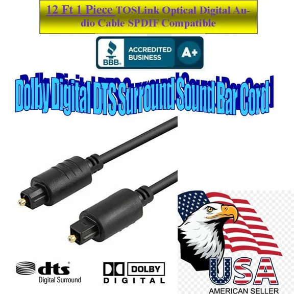 BUTTERFLY- Toslink Optical Digital Audio Cable Spdif Dolby Compatible 12Ft, Black