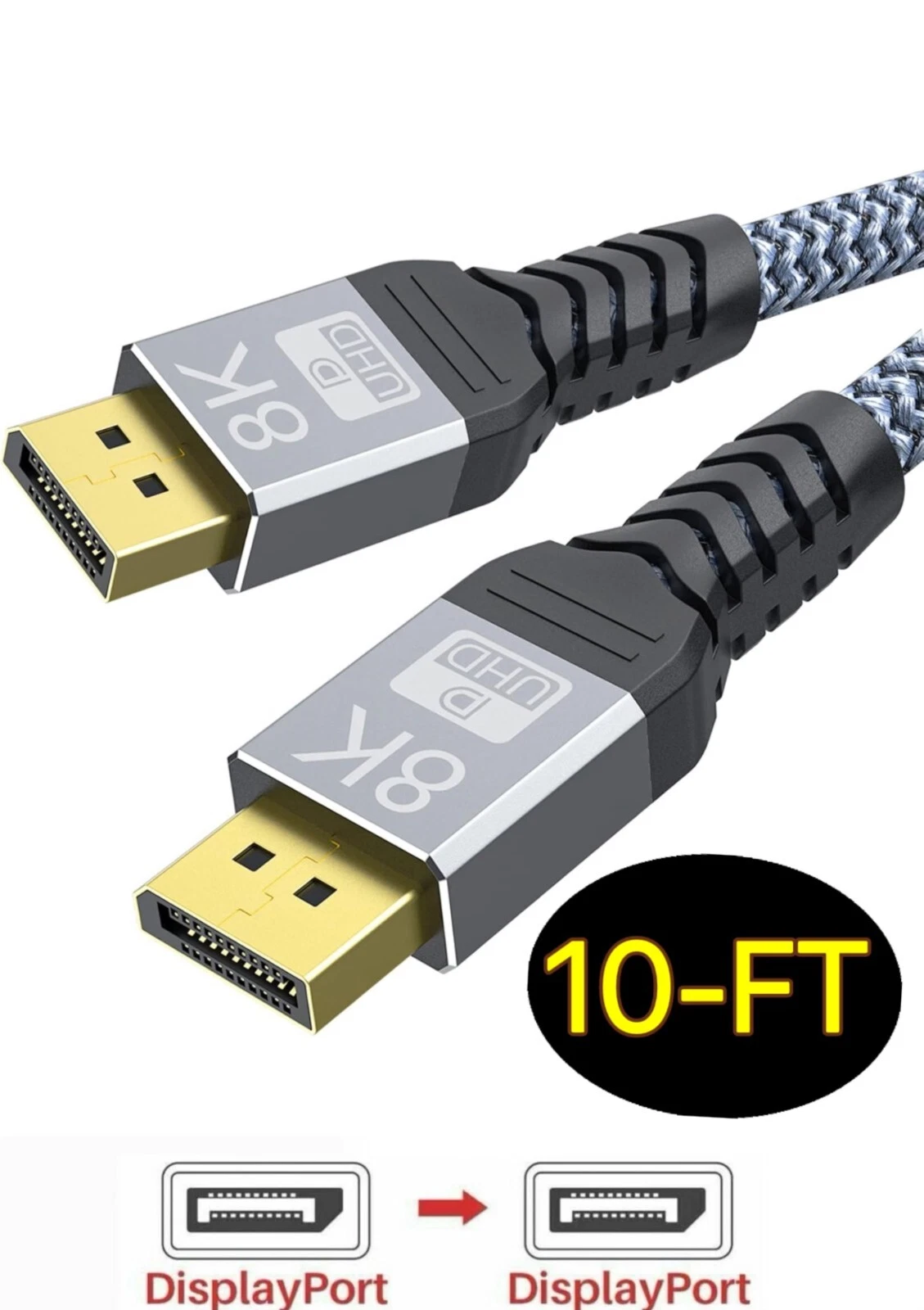 BUTTERFLY- Uhd 8K Displayport 10Ft Cable 8K@60Hz, 4K@144Hz32.4Gbps, Hdr, Hbr3 Dp To Dp Cord