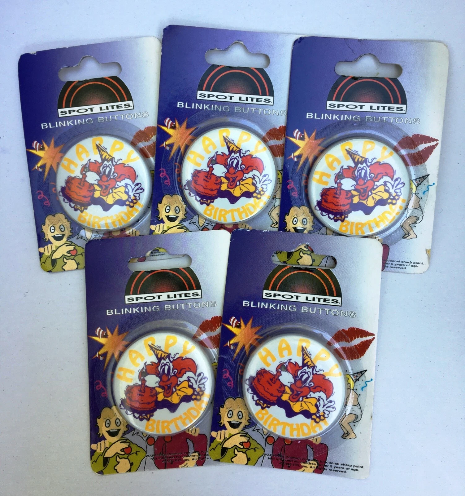 BUTTERFLY- Yellow Happy Birthday Clown Blinking Buttons Badges Lot Of 5 - Party Favors New