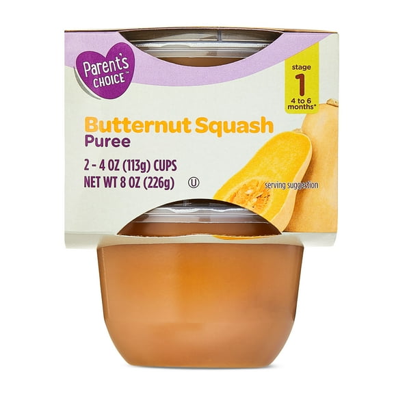 Parent's Choice Stage 1 Baby Food, Butternut Squash Puree, 4 oz Cups (2 pack)