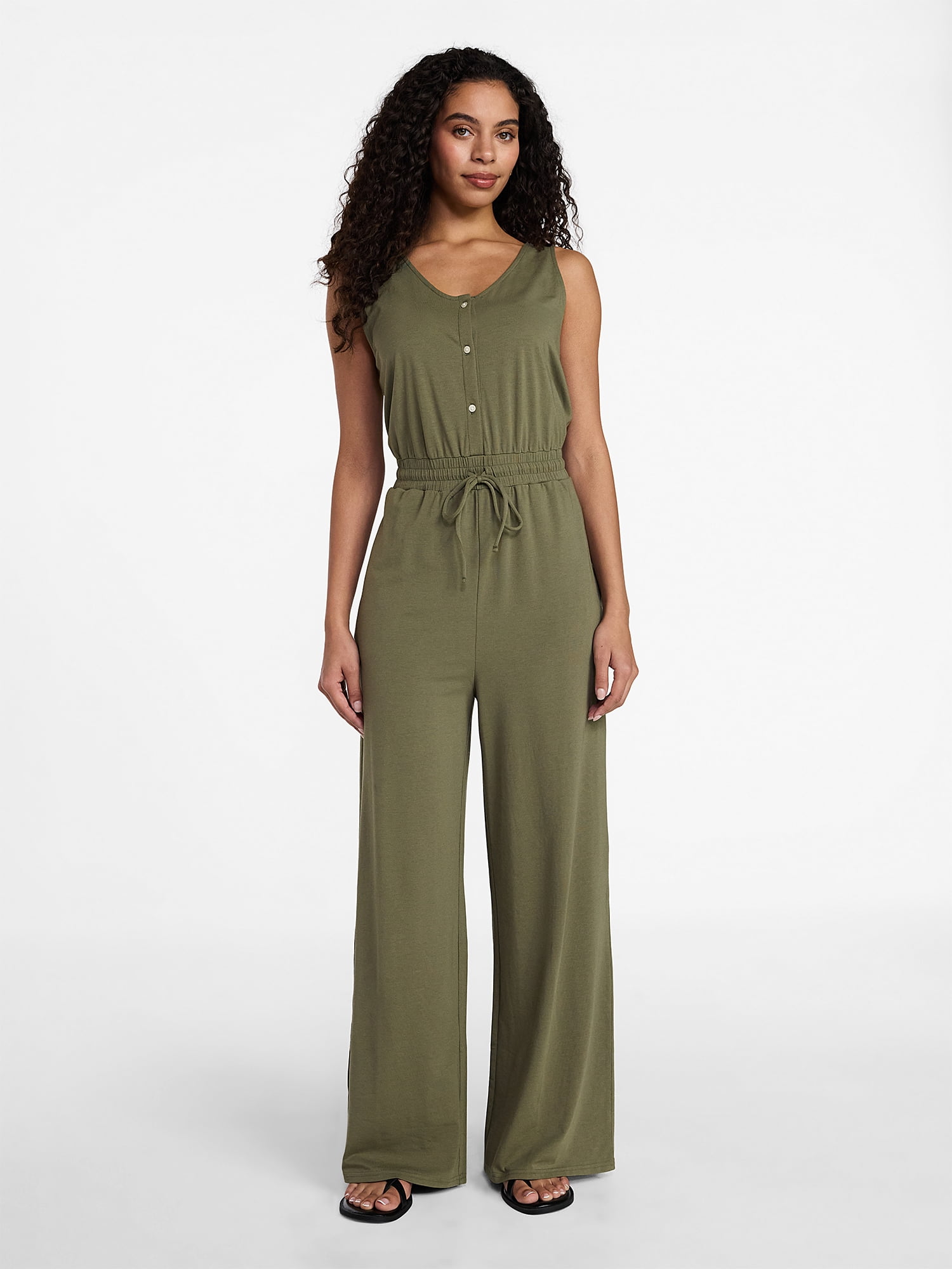 Time and Tru Women's Sleeveless Button Front Jumpsuit, Sizes XS-XXXL