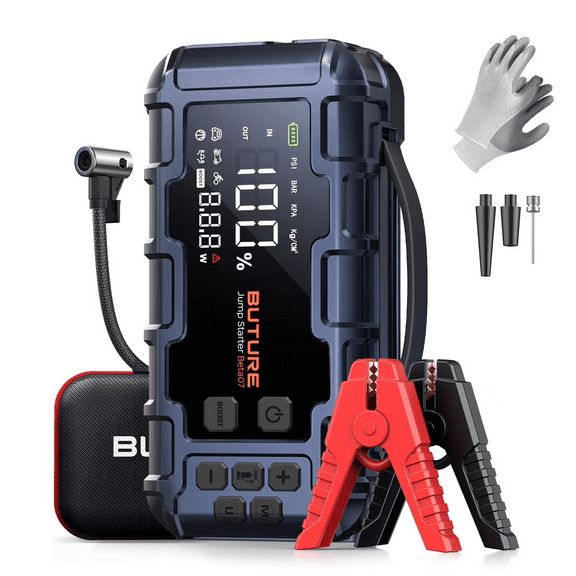 BUTURE 6000A Car Jump Starter with Air Compressor 160 PSI, 45W Charging Battery Booster Pack (All gas/12L Diesel), 7-in-1 Jump Starter Power Bank with LED Display