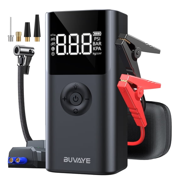 BUVAYE Car Jump Starter with Air Compressor, 2500A Peak 12V Jump Box for 8.0L Gas/6.0L Diesel Engines, 150PSI Tire Inflator with Pressure Gauge, 10000mAh Power Bank & Emergency LED Light