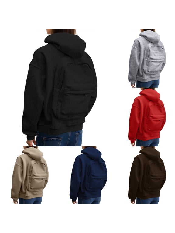 Backpack Hoodie for Men Women Zipper Cardigan Creative Hoodies Lightweight Travel Hooded Sweatshirts with Backpack Black L