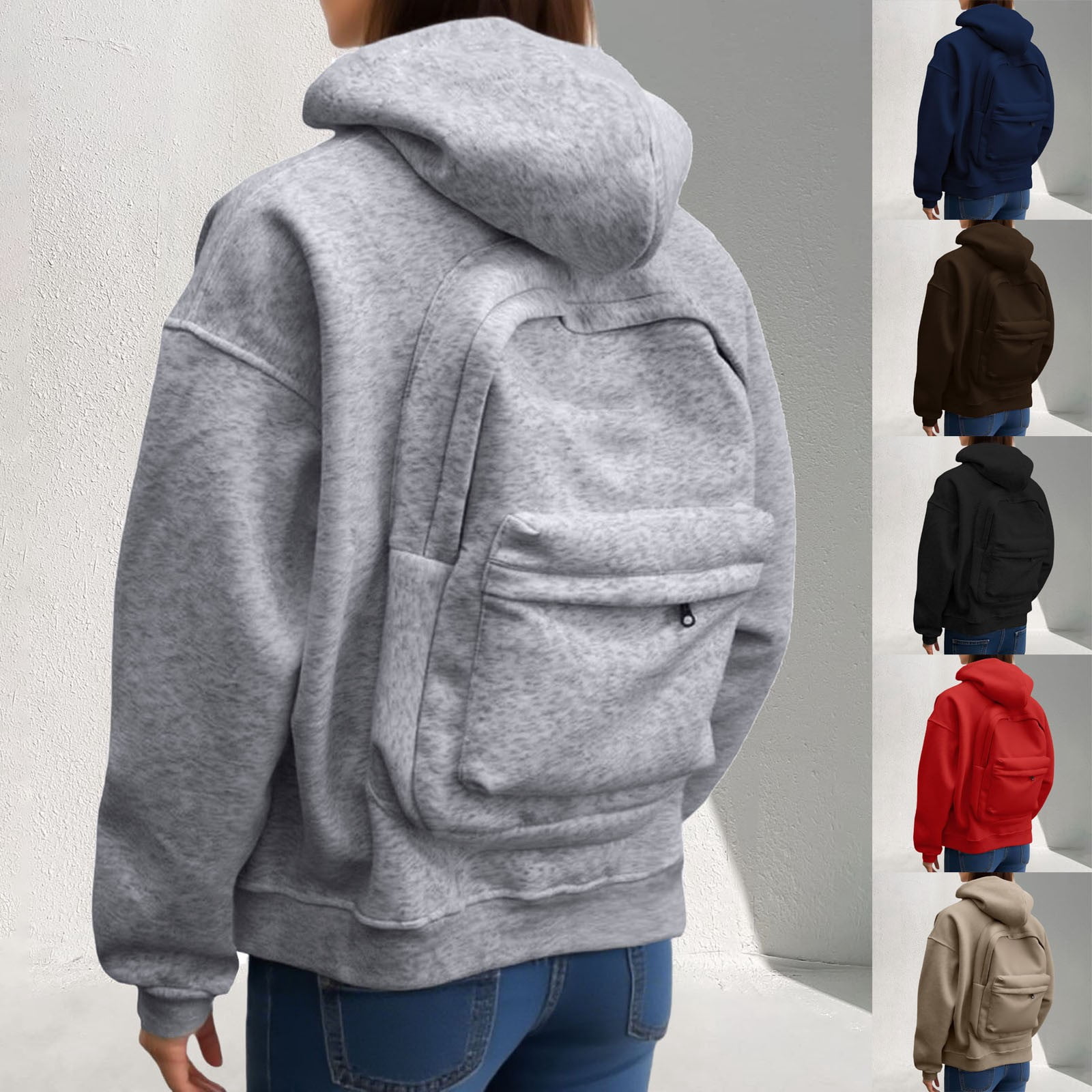 BUWTTED Backpack Hoodie for Men Women Zipper Cardigan Creative Hoodies Lightweight Travel Hooded Sweatshirts with Backpack Grey XXXL