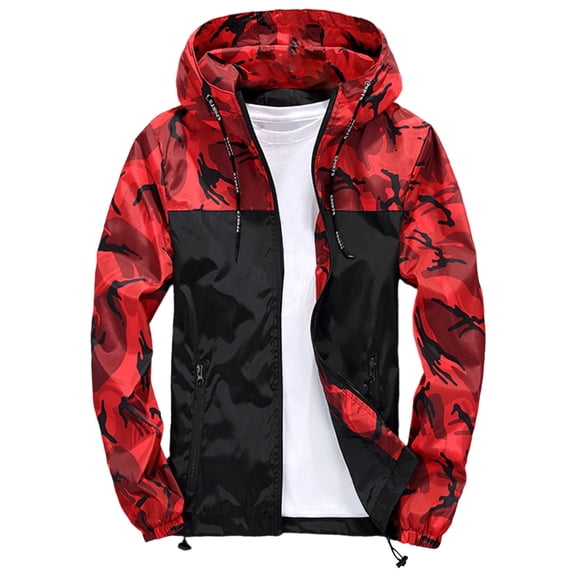 BUWTTED Camo Jackets for Men Zip Up Color Block Thin Fall Outerwear Drawstring Hooded Outdoor Windproof Military Combat Winter Camouflage Coat Size-XXXL