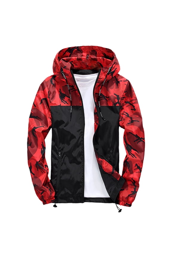 Camo Jackets for Men Zip Up Color Block Thin Fall Outerwear Drawstring Hooded Outdoor Windproof Military Combat Winter Camouflage Coat Size-M