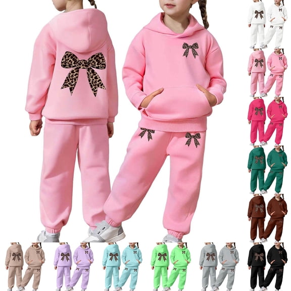 BUWTTED Girls Activewear Jogger Sets - 2 Piece Bow Print Graphic Pullover Hoodie Sweatshirt Sweatpants Sweatsuit Outfits Pink 2-3 Y