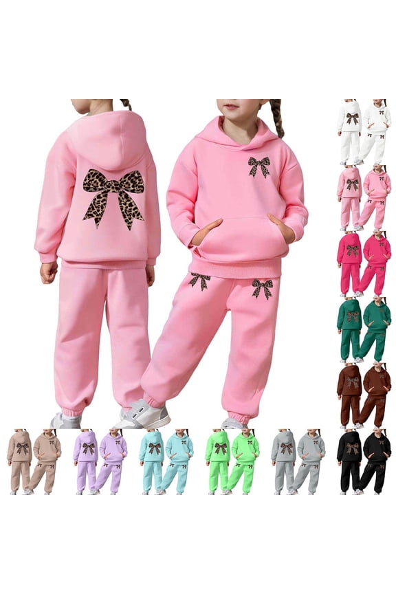 Girls Activewear Jogger Sets - 2 Piece Bow Print Graphic Pullover Hoodie Sweatshirt Sweatpants Sweatsuit Outfits Pink 2-3 Y