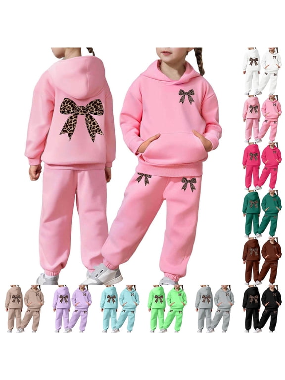 Girls Activewear Jogger Sets - 2 Piece Bow Print Graphic Pullover Hoodie Sweatshirt Sweatpants Sweatsuit Outfits Pink 8-9 Y