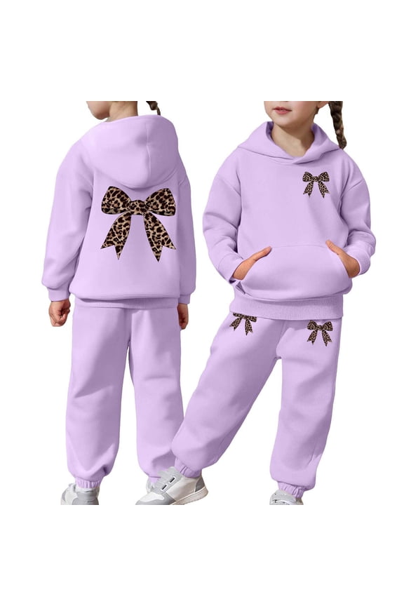 Girls Activewear Jogger Sets - 2 Piece Bow Print Graphic Pullover Hoodie Sweatshirt Sweatpants Sweatsuit Outfits Purple 6-7 Y