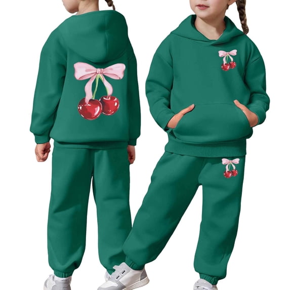 BUWTTED Girls Activewear Jogger Sets - 2 Piece Cherry Print Graphic Pullover Hoodie Sweatshirt Sweatpants Sweatsuit Outfits Dark Green 12-13 Y